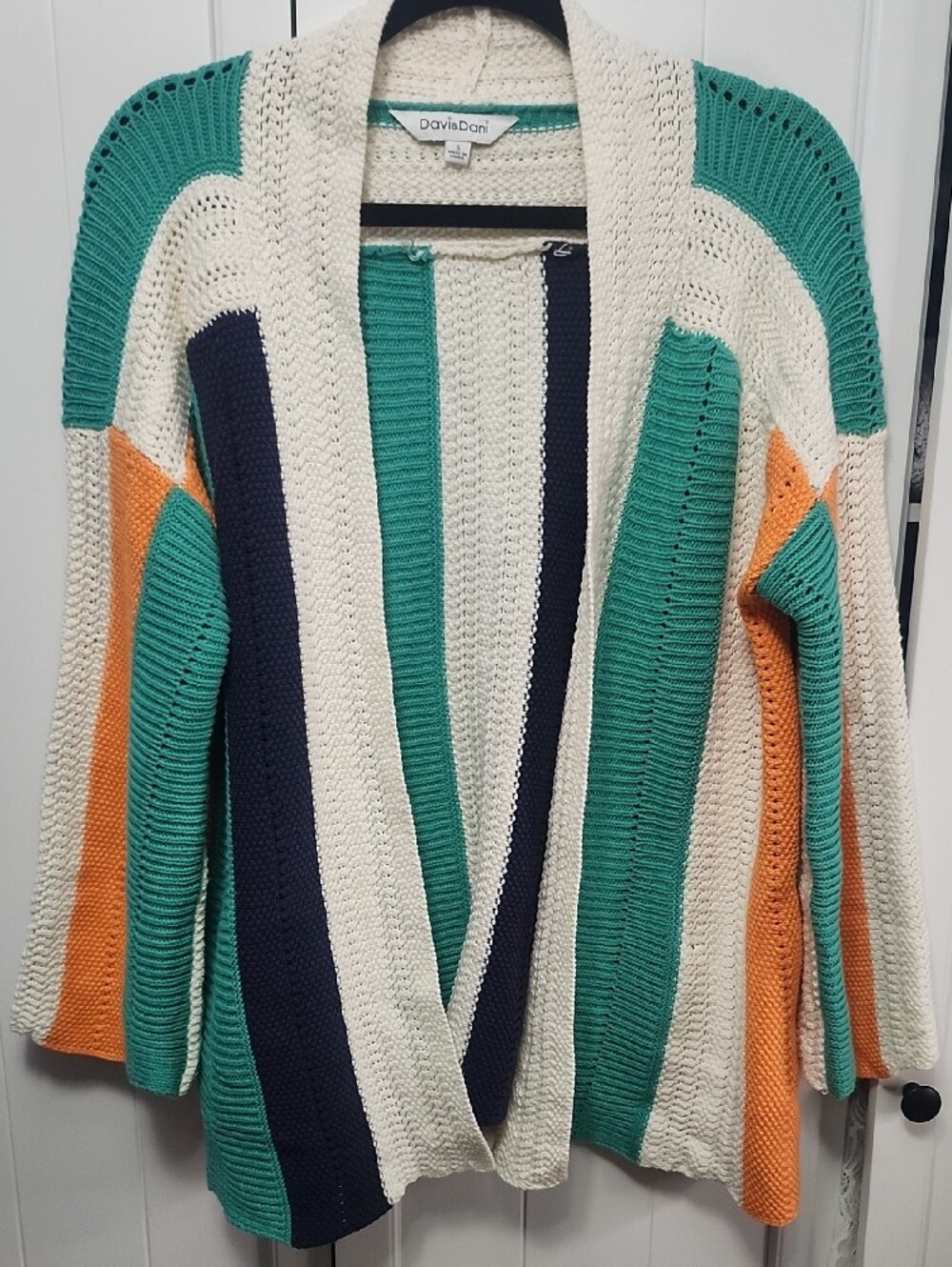 DAVI & DANI Cream Cardigan with Teal, Orange & Navy Stripe
